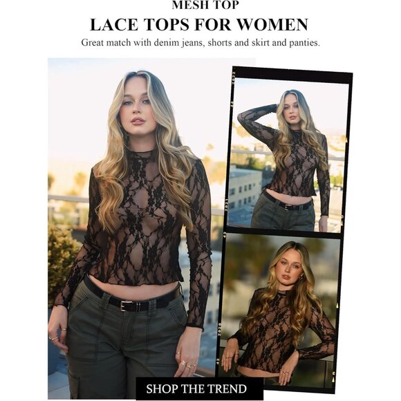 Women's Mesh Top Long Sleeve Sheer Blouse See Through Floral Lace Plus Size - Picture 2 of 8